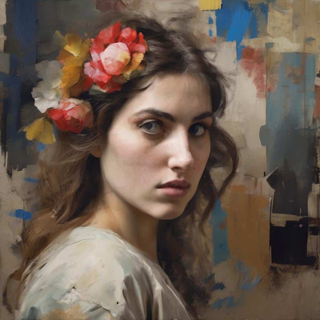 Ρεαλιστικό πορτρέτο γυναίκας με λουλούδι στα μαλλιά, σε καλλιτεχνικό στυλ, ενδιαφέρον σώμα τέχνης, πρωτοπορία.