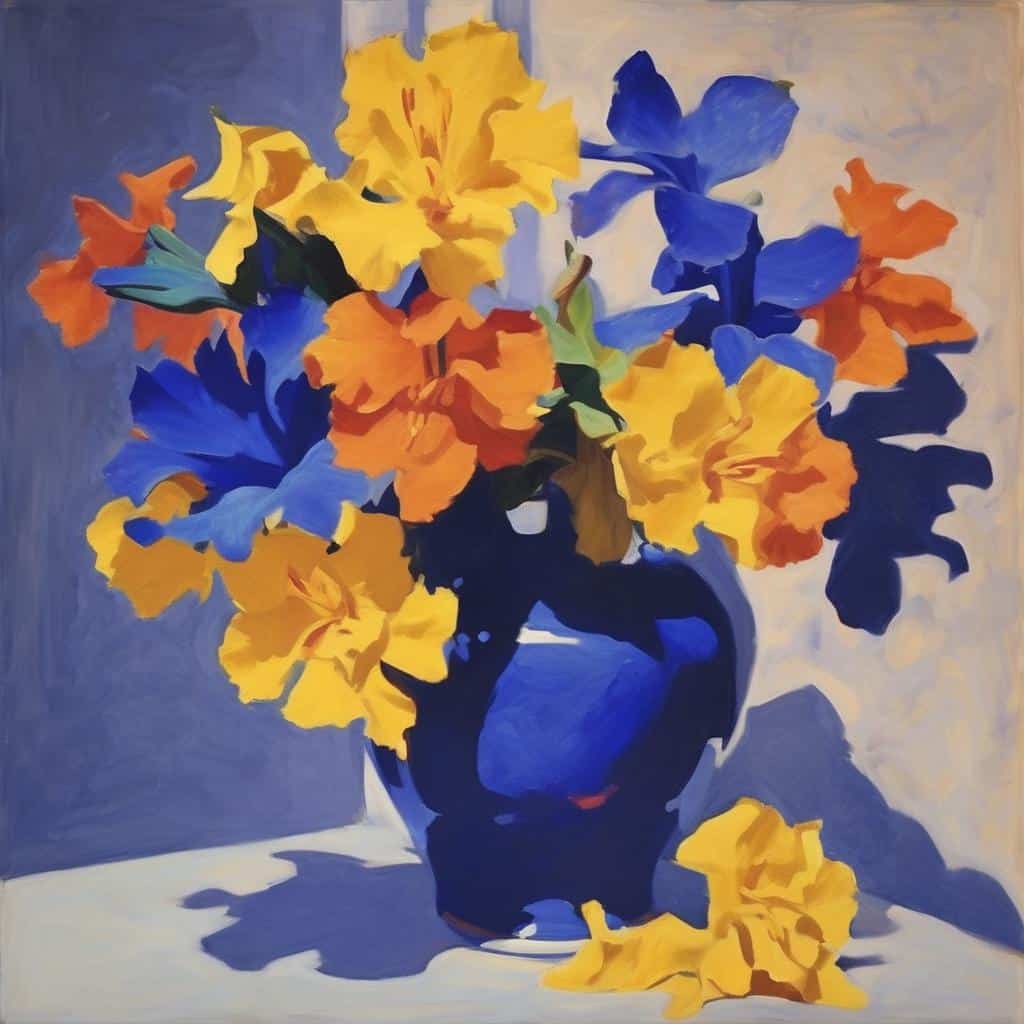 Λουλούδια σε βάζο, σύγχρονη τέχνη, καλλιτεχνικά κινήματα, ιστορικά ορόσημα, ζωγραφική με έντονα χρώματα.